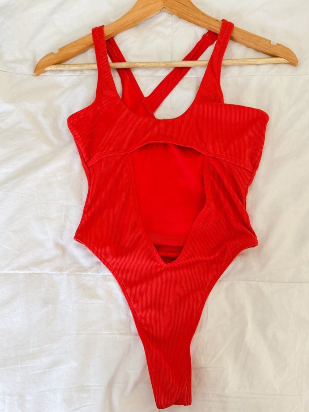 Icon Swim Neon Red Orange Ribbed Cutout One Piece Thong Swimsuit Small